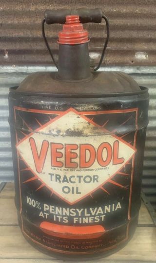 Rare Vtg 50s Veedol Tractor Oil 5 Gallon Oil Can Farm Gas & Oil Service Station