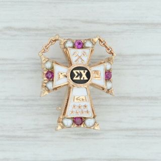 Sigma Chi Cross Badge - 10k Gold Pearls Rubies Fraternity Pin Vintage Greek