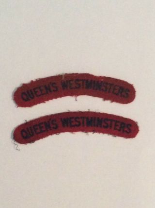 Two Queen’s Westminsters London Regiment Cloth Shoulder Titles Black On Red