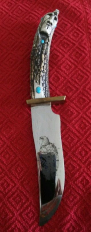 Vintage Ted Miller Custom Made Knife 11 1/2 " Heavy Crown Stag Native Knife