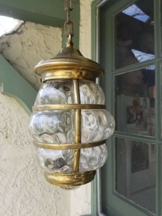 Antique Brass And Hand Blown Dimpled Glass Ship Lantern Vintage Porch Lamp Light