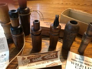 Assorted Vintage Game Calls,  Set Of 8 One Box And Papers