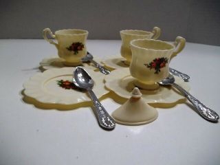 Childs Teas Set Plastic Floral 4 Saucers Scalloped 3 Cups 4 Spoons 1 Lid China
