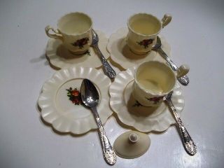 Childs Teas Set Plastic Floral 4 Saucers Scalloped 3 Cups 4 Spoons 1 Lid China 2
