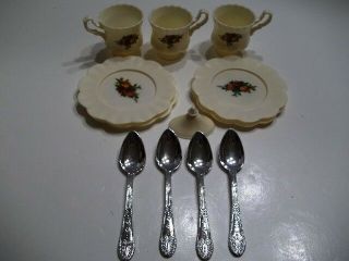 Childs Teas Set Plastic Floral 4 Saucers Scalloped 3 Cups 4 Spoons 1 Lid China 3