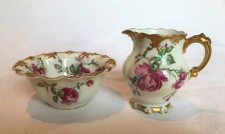 Vtg Haviland Limoges 3 1/2 " Cream & Open Sugar Bowl,  Pink Floral/gold