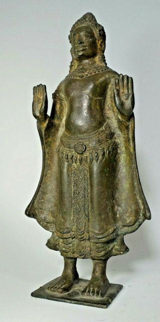 Antique / Vintage Solid Bronze Metal Khmer Buddha 10 " Statue Abhaya Mudra Jain
