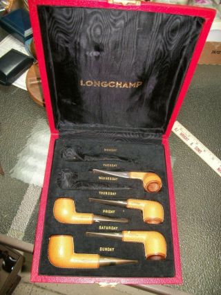 5 - Vtg.  " Longchamp " French Leather Bound Tobacco Pipes " Unsmoked " Estate/& Case