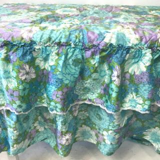 Vintage 1970s Turquoise Blue And Purple Floral Full Size Bedspread Quilted Cr