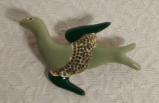 Vtg 60s Rare Signed Guy Laroche Green Enamel With Crystals Bird Brooch Lovely