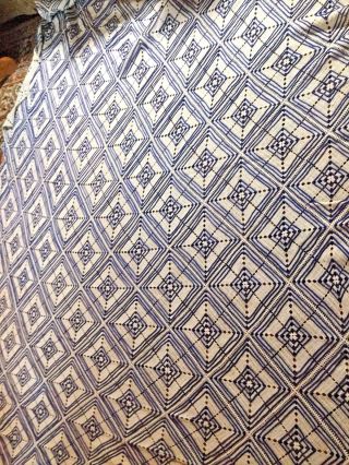 Rare Vintage Cotton Hand Crocheted Bed Coverlet Blue And White 80 X 108