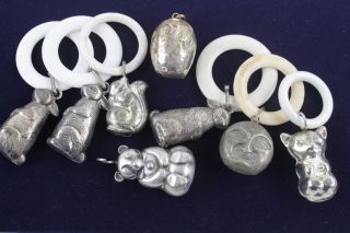 8 X Assorted Vintage Silver Plate Baby Teething Rings Inc Sun,  Bear,  Rabbit Etc