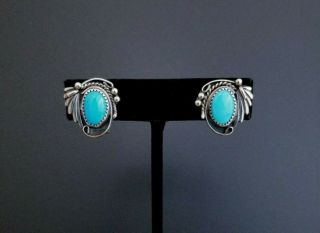 Vtg 925 Sterling Silver Navajo Turquoise Squash Blossom Clip On Earrings,  3/4 "