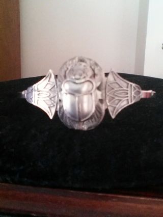 Vintage Artisan Sterling Silver Egyptian Revival Scarab Beetle 3d Bracelet