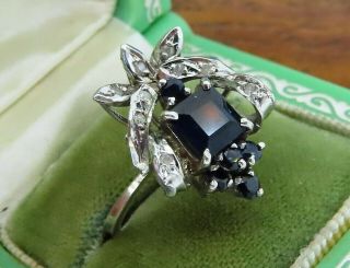 Vintage Palladium Antique Art Deco Emerald Cut Sapphire Diamond Estate Ring