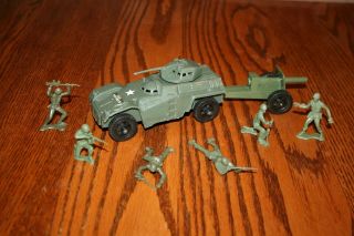 Tim - Mee Processed Plastic Dark Green Army Armored Car & Cannon 3 Tank Marx Mpc