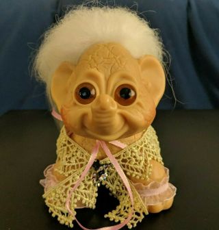 Collectible Vintage Dam Troll Elephant Amber Eyes 6 " White Hair & Outfit