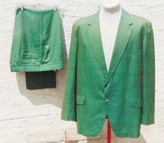 Vtg 1950 - 60s 2 Button Irredescent Green Gaberdine Sharkskin Mens Dress Suit