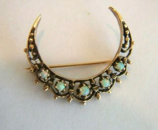 Vintage Gold Brooch Pin Crescent Moon Shaped With 5 Opals 14k Gold