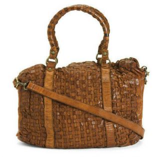 $380 Langellotti Vintage Woven Leather Large Tote In Tobacco Brown Italy Nwt