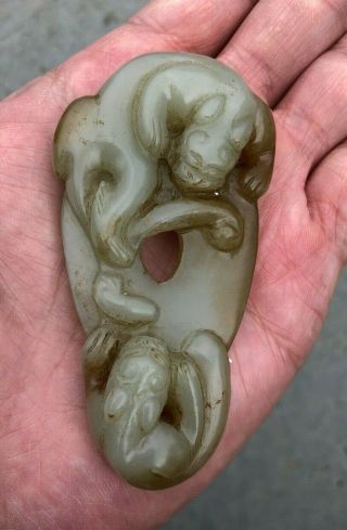 Vintage Chinese Celadon Jade Double Dragon Pendant From Old Estate