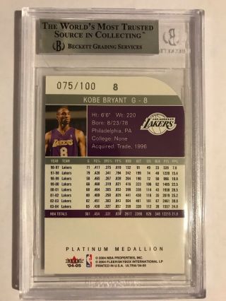 KOBE BRYANT 2004 - 05 FLEER ULTRA PLATINUM MEDALLION 75/100 SP BGS 9  3