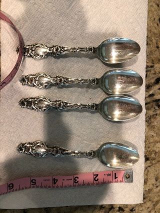 4 Whiting Sterling Silver Teaspoons 5 3/4 " Lily Pattern Circa 1900 Mono " C”.