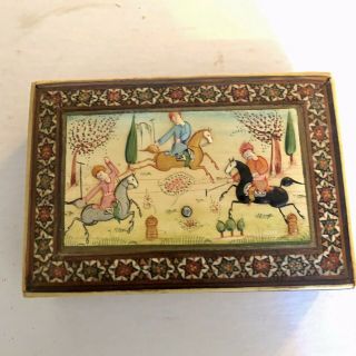 Vintage Persian Inlaid Wooden (khatam) Miniature Painting Jewelry Trinket Box