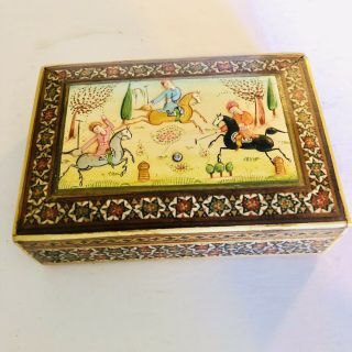 VINTAGE PERSIAN INLAID WOODEN (KHATAM) MINIATURE PAINTING JEWELRY TRINKET BOX 3