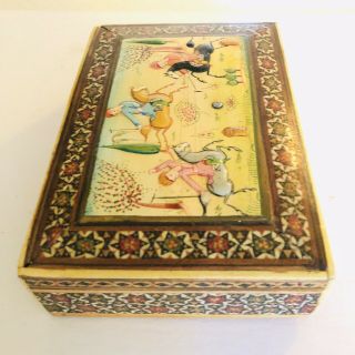 VINTAGE PERSIAN INLAID WOODEN (KHATAM) MINIATURE PAINTING JEWELRY TRINKET BOX 5
