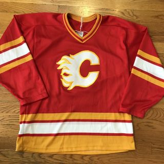 Vintage 80s Calgary Flames Ccm Maska Hockey Jersey Red Yellow White Men’s M