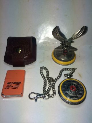 Vintage 1998 Franklin Harley Davidson Fat Boy Motorcycle Pocket Watch,  Stand