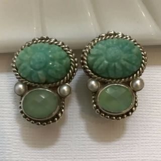 Authentic Stephen Dweck Sterling Green Chrysoprase & Chalcedony Clip Earrings