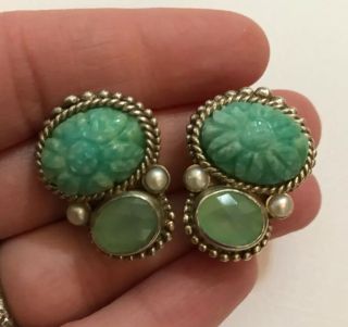 Authentic Stephen Dweck Sterling Green Chrysoprase & Chalcedony Clip Earrings 2