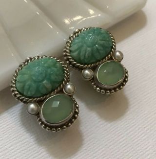 Authentic Stephen Dweck Sterling Green Chrysoprase & Chalcedony Clip Earrings 3