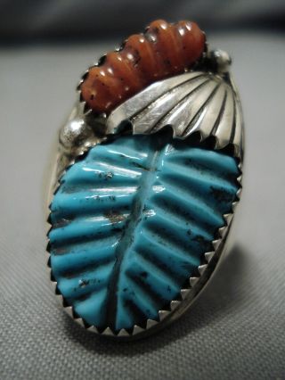 Superior Vintage Zuni Navajo Turquoise Coral Sterling Silver Ring Old