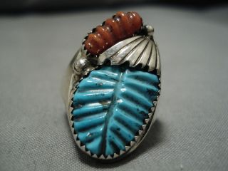 SUPERIOR VINTAGE ZUNI NAVAJO TURQUOISE CORAL STERLING SILVER RING OLD 2