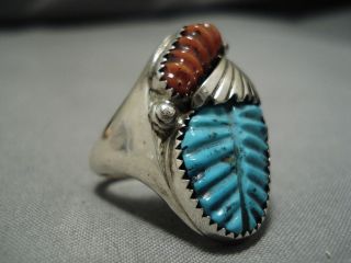 SUPERIOR VINTAGE ZUNI NAVAJO TURQUOISE CORAL STERLING SILVER RING OLD 3