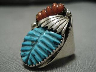 SUPERIOR VINTAGE ZUNI NAVAJO TURQUOISE CORAL STERLING SILVER RING OLD 4