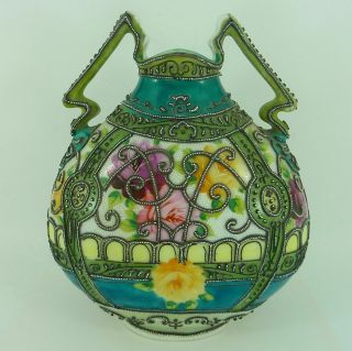 7.  5 " Antique Japanese Nippon Porcelain Vase - Moriage And Roses - Noritake