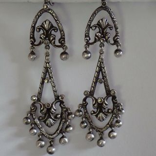 Long Antique Peruzzi Sterling Silver Marcasite Chandelier Earrings