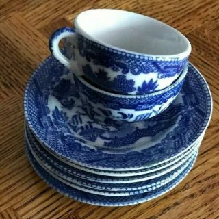 Vintage Blue Willow 2 Tea Cups And 6 Dessert Plates - Japan