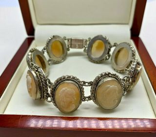 Vintage Jewellery Art Deco Silver 800 Shell Cameo Bracelet