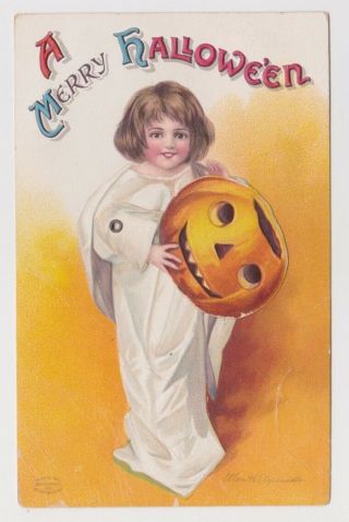 Ellen Clapsaddle " Merry Halloween " Vintage Movable Postcard Girl Jack O 
