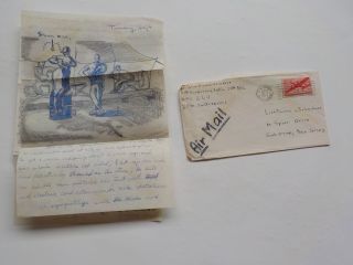 Wwii Letter 1946 Artwork Squadron Barber Air Force Sketch Vtg Art Ww2