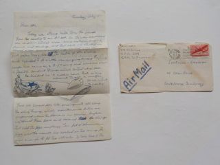 Wwii Letter 1946 Artwork B - 29 Wing Airplane Air Force Sketch Art Ww2