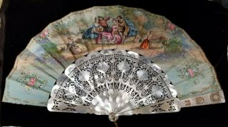 Antique Important Mother Of Pearl And Paper Hand Fan With Box
