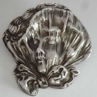 Antique Art Nouveau Unger Bros Sterling Silver Repousse Veiled Lady Face Brooch