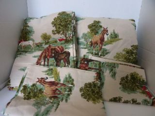 Rare 4 Pc Garnet Hill Equestrian Vtg Sheet Bedding Set Double Flat Fitted Pillow