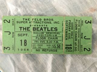 Beatles VINTAGE 1964 DALLAS MEMORIAL AUDITORIUM FULL CONCERT TICKET 2